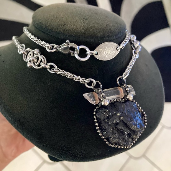 Natural black tourmaline & clear crystal quartz charm boho goth maille necklace - Picture 3 of 13